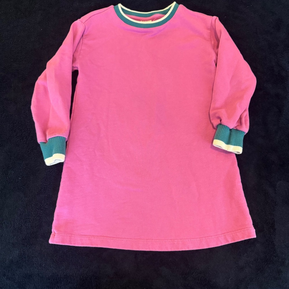 Hanna Andersson Girls Pink French Terry Sweatshirt Dress Teal Ribbed Trim120 6-7